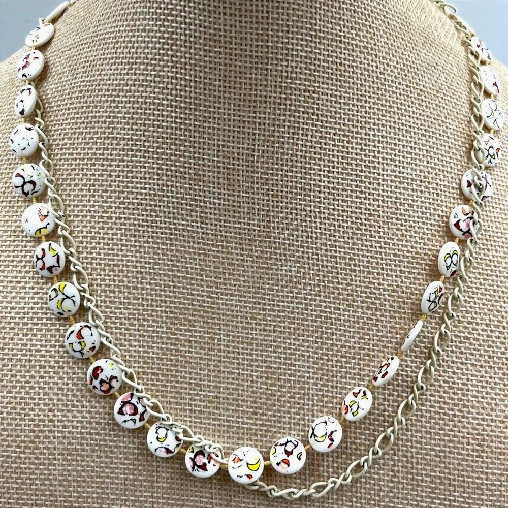 Vintage White Cloisonné Confetti Disc Beads Necklace Double Strand Chain Layered